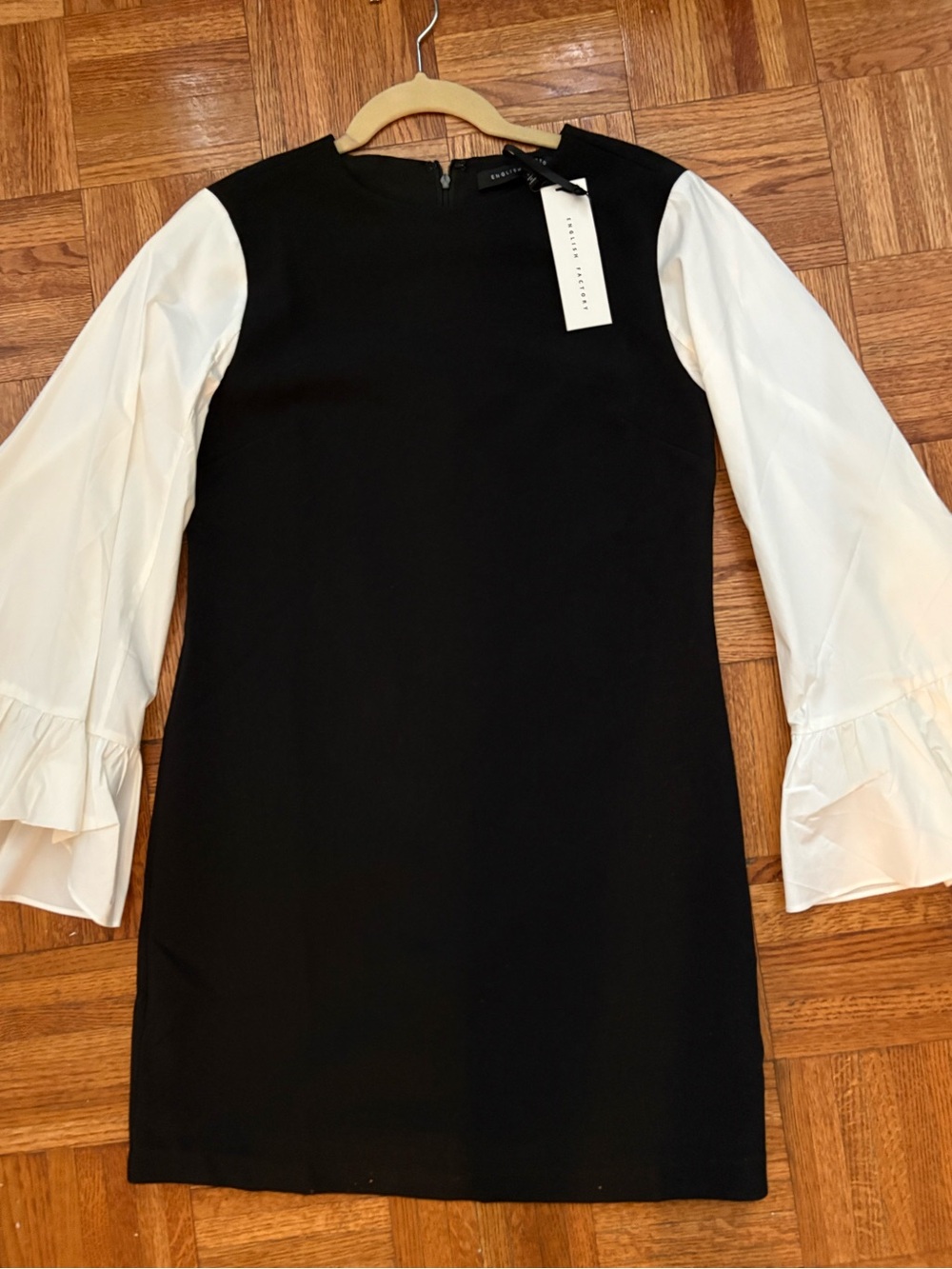ENGLISH FACTORY Black Shift Dress with White Ruffled Sleeves size small NWT